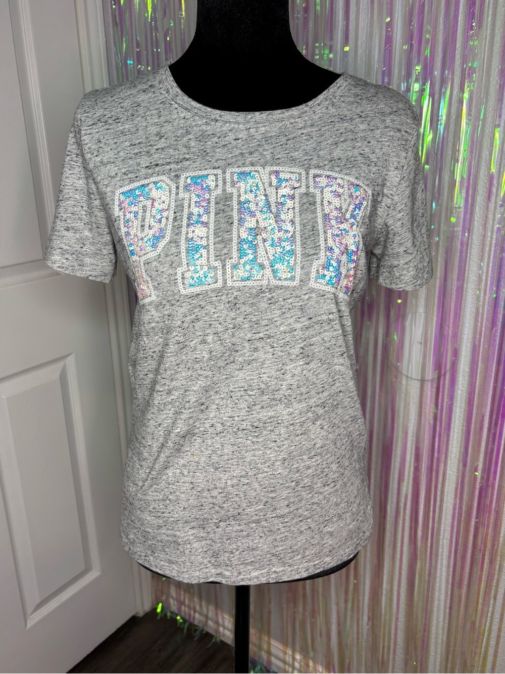 PINK Victoria's Secret Heather Gray Iridescent Sequin Logo Tee Sz Small Y2K